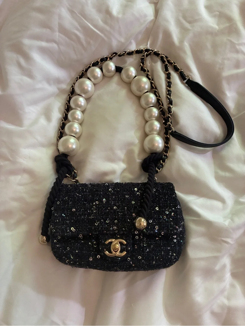 Chanel Black Sequined Pearl-Handle classic flap Mini Shoulder Bag runway